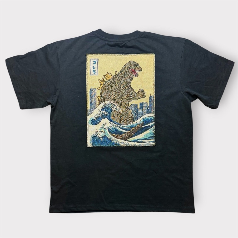 Godzilla Great Wave Tapestry Patch Graphic T-Shirt Black Mens Large Kaiju Tee